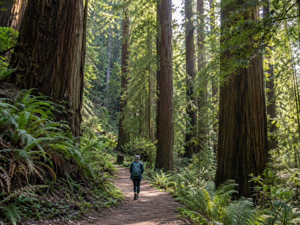 Hiker following an established path beneath towering Northern California redwoods