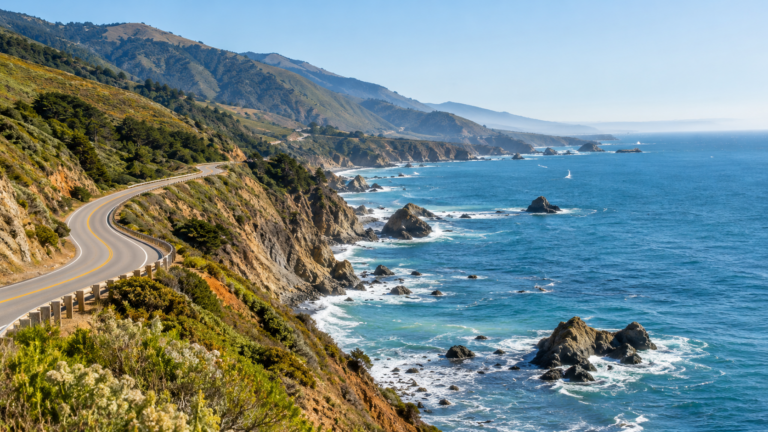 Northern California coastal road winding above rocky cliffs and the Pacific Ocean