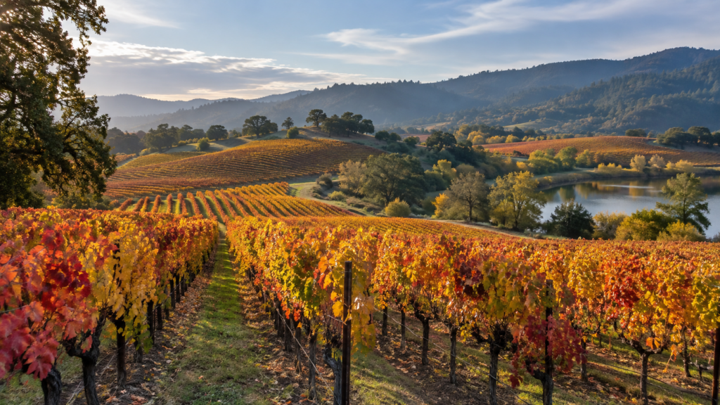 Rows of grapevines with autumn leaves in Sonoma County wine country